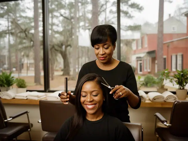 A stylist finishing a client's hair in a bright salon.